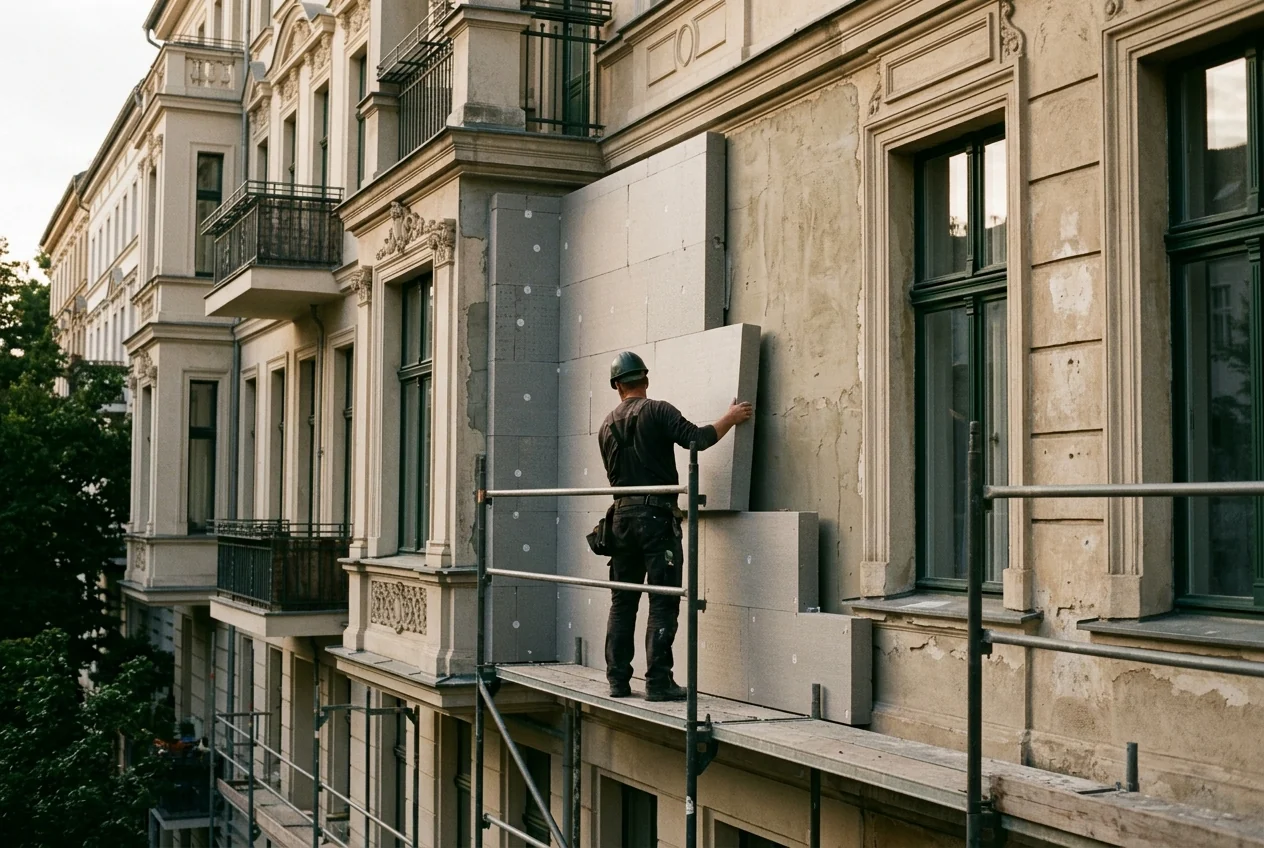 Handwerker auf dem Gerüst setzt eine Dämmplatte an die Fassade eines Berliner Altbaus, daneben der unverputzte Bestand