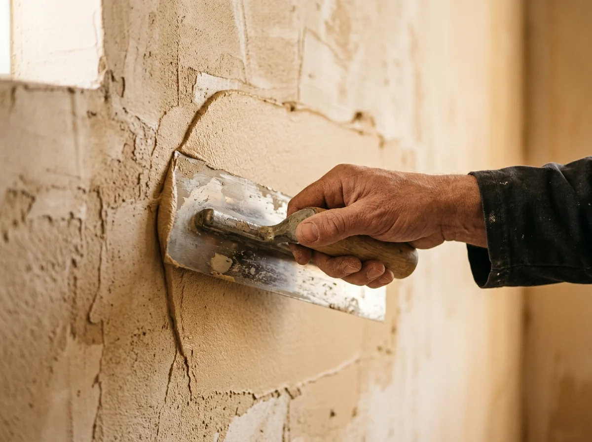 Hand mit Glättkelle zieht frischen Putz an einer Innenwand glatt, Materialstruktur im warmen Streiflicht